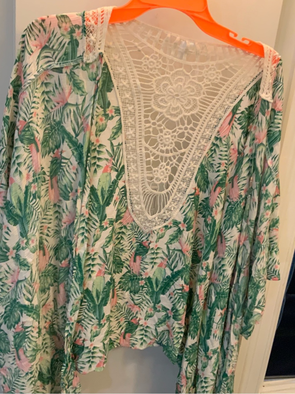 Tropical Leaf & Pink Floral Lace-Back Kimono size any size. SKU 3072